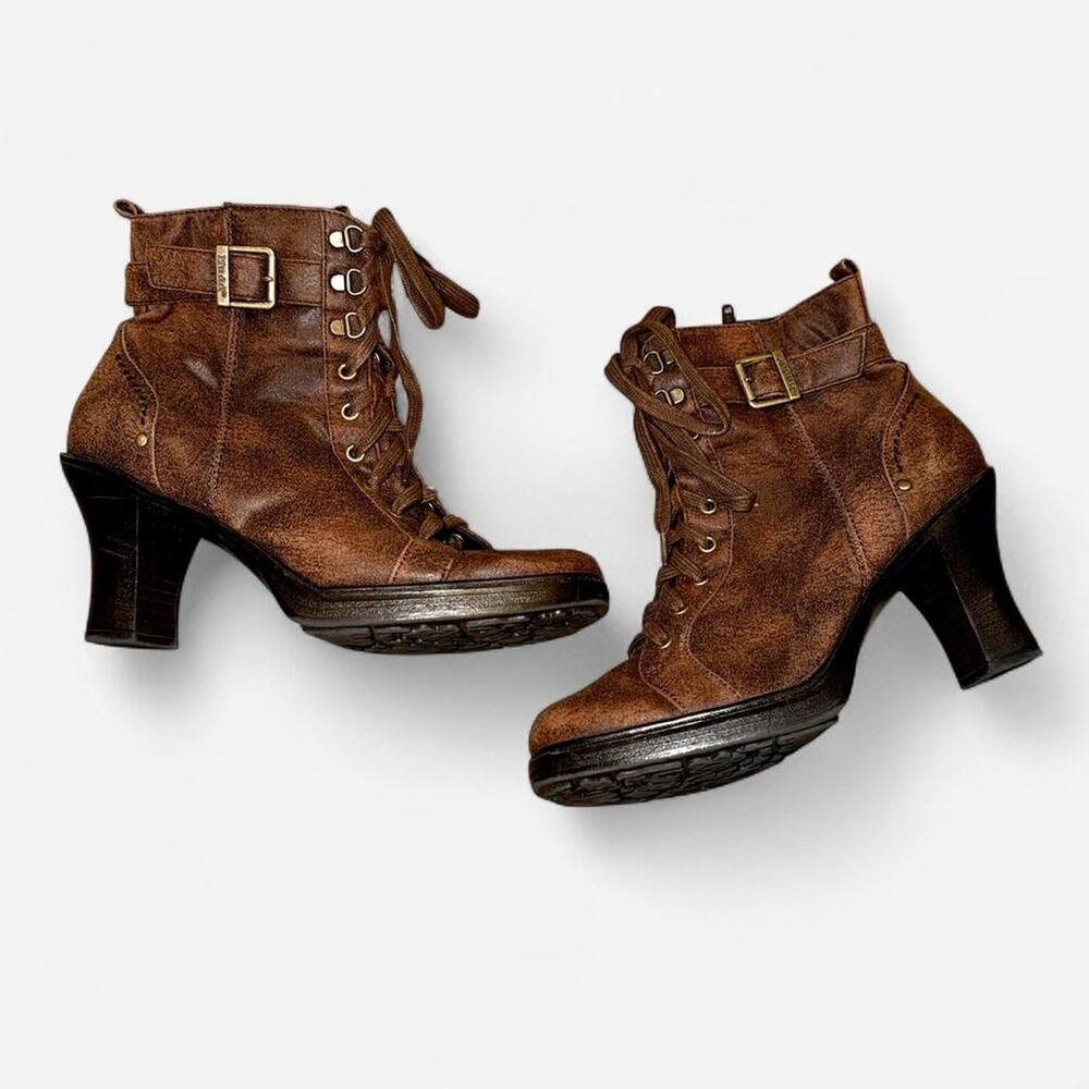 Vintage Y2K Mudd Brown Distressed Lace Up Heeled Moto Grunge Boots Size 8.5